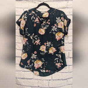 Maurices Dark Green Floral V Neck Blouse Women's Size Small